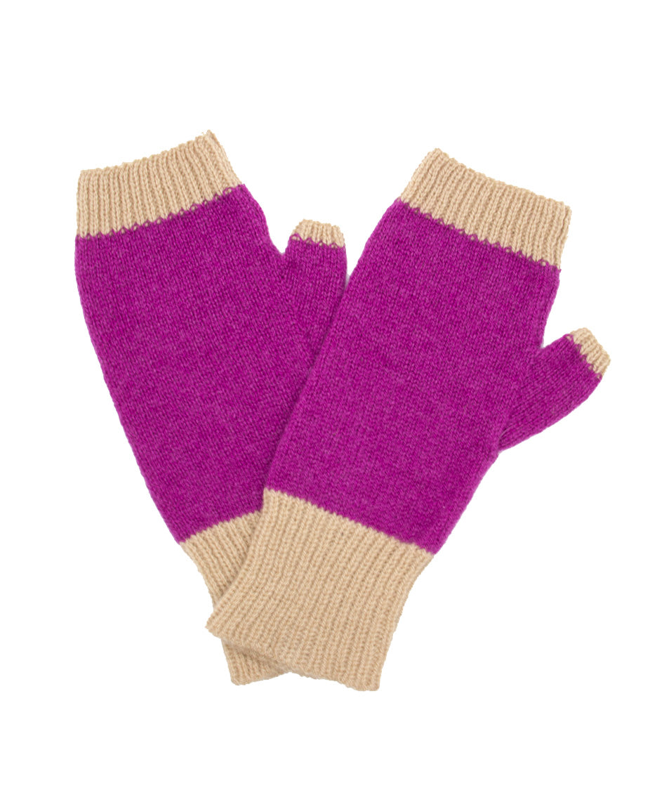 100% Cashmere Fingerless Gloves - Fuchsia Colorblock